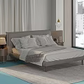 Modern Double Bed With Gray Headboard Pillows Blanket And Nightstand By Window With City View