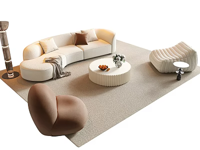 Modern Curved Sofa And Round Coffee Table Set With Pillows And Accent Chair 3d model