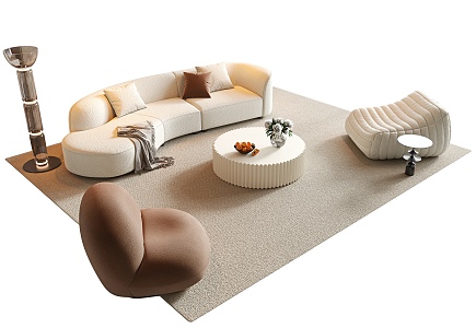 Cream Style Sofa Coffee Table Combination Fabric Multi-person Sofa Curved Sofa Round Coffee Table Lazy Sofa Single Person Sofa Floor Lamp Carpet Side Table Jewelry Pendulum 3d model