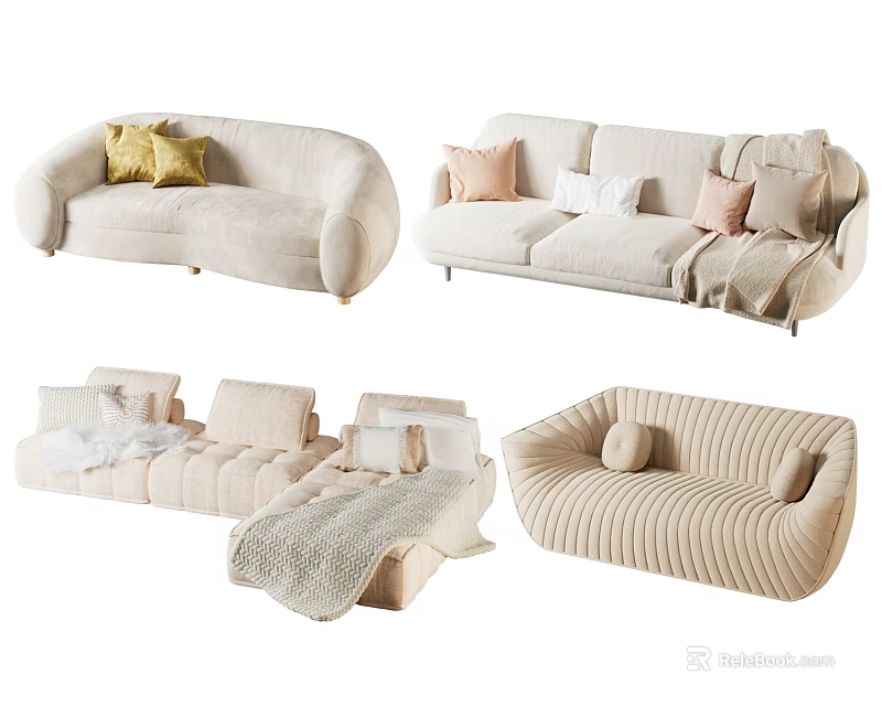 Modern Beige Upholstered Sofa Set With Curved Design Modular Pieces Pillows And Cozy Throw Blanket 3d model 