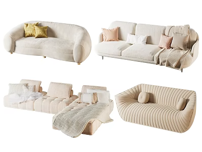 Modern Beige Upholstered Sofa Set With Curved Design Modular Pieces Pillows And Cozy Throw Blanket 3d model
