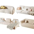 Modern Beige Upholstered Sofa Set With Curved Design Modular Pieces Pillows And Cozy Throw Blanket