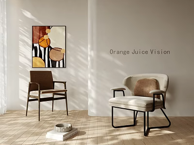 Elegant Single Chair Interior With Beige Fabric Wooden Frame Artwork And Natural Light 3d model