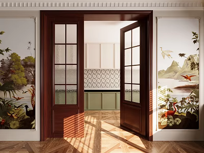 Open Wooden Double Doors Revealing Interior With Floral Murals And Parquet Floor 3d model