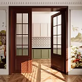 Open Wooden Double Doors Revealing Interior With Floral Murals And Parquet Floor
