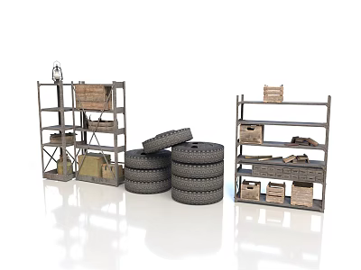 Industrial Storage Setup With Metal Shelves Wooden Crates Baskets Lantern And Stacked Tires 3d model