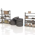 Industrial Storage Setup With Metal Shelves Wooden Crates Baskets Lantern And Stacked Tires