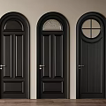 Black Arched Double Doors With Glass Panels Against Light Wall And Wooden Floor