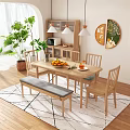 Wooden Dining Table Set With Chairs Bench Oranges Vase And Green Plant On Rug