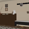 Dark Wood Shoe Cabinet With Decorations Beside Padded Bench And Beige Wall Coat Hook Rack