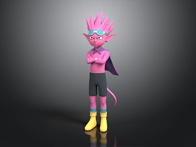 Pink Fantasy Creature Character With Spiked Hair Goggles Cape And Yellow Boots 3d model