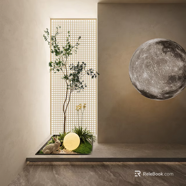 Tranquil Indoor Landscape With Small Tree Grid Screen And Glowing Moon Decoration On Stone Platform 3d model 
