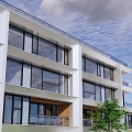 Duplex Villa Modern Exterior With Large Glass Windows Multi Floor Design Greenery And Blue Sky Surroundings
