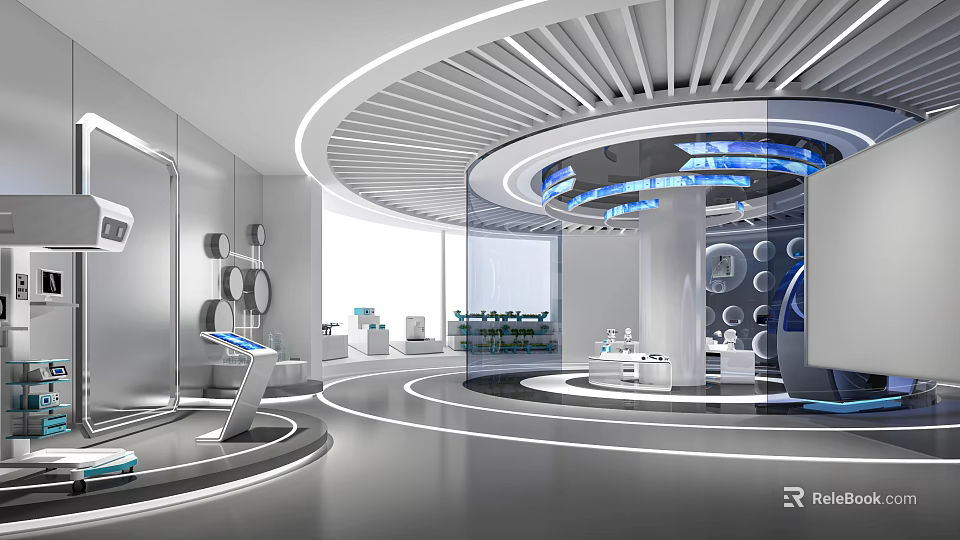 Modern Futuristic Exhibition Hall With Circular Ceiling Glass Partitions And Sleek Display Counters 3d model 