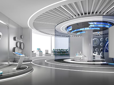 Modern Futuristic Exhibition Hall With Circular Ceiling Glass Partitions And Sleek Display Counters 3d model
