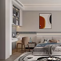 Modern Kids Room Interior Design With Bed Desk Chair Abstract Wall Art And Patterned Rug