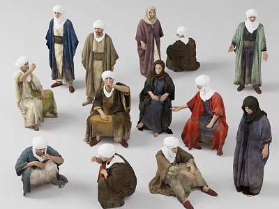 Group Of Men In Traditional Clothing With Headscarves Standing And Sitting In Various Poses 3d model