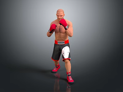 Shirtless Man in Boxing Stance with Red Gloves Black Shorts White Design and Red Shoes 3d model