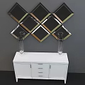 White TV Stand with Glass Vases and Diamond Shaped Mirrors on Wall