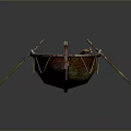 Vintage Red Wooden Boat With Oar Rope And Worn Seats On Gray Background