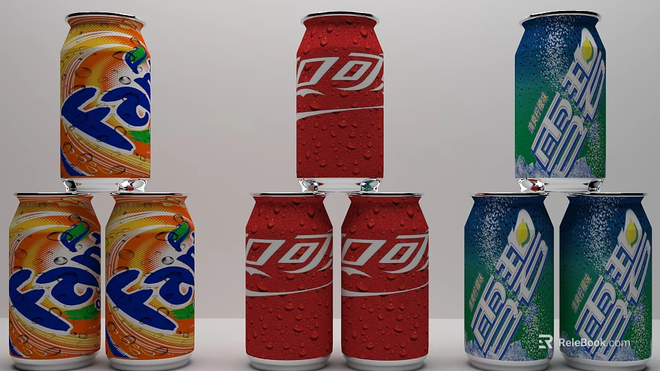 Assorted Canned Cold Drinks In Red Orange Blue Green With Water Droplets 3d model 
