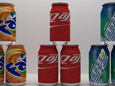 Assorted Canned Cold Drinks In Red Orange Blue Green With Water Droplets 3d model