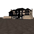 European Style Detached Villa With Stone Exterior Dark Roof And Balcony Steps