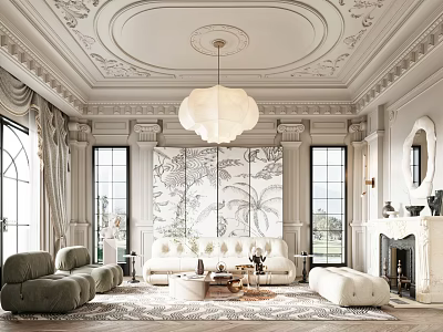 Elegant Living Room With Ornate Ceiling Petal Chandelier Large Wall Art Windows Sofas And Fireplace 3d model