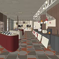 Specialty Store Interior Featuring Red White Curved Counters Bookshelves Tables And Geometric Floor Tiles