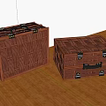 Two Brown Wooden Storage Chests With Woven Pattern And Metal Clasps On Wooden Floor