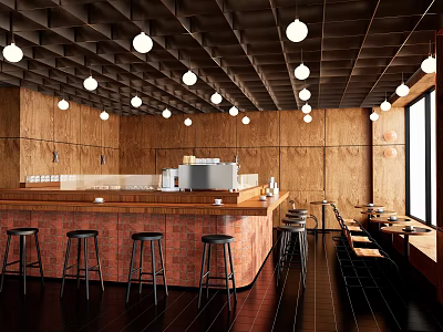 Modern Restaurant Interior With Wooden Walls Round Pendant Lights Bar Counter And High Stools 3d model
