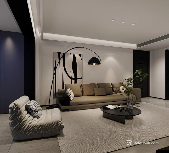 Modern Minimalist Living Dining Room Interior With Beige Sofa Gray Armchair Black Floor Lamp 3d model 