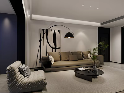 Modern Minimalist Living Dining Room Interior With Beige Sofa Gray Armchair Black Floor Lamp 3d model