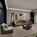 Modern Minimalist Living Dining Room Interior With Beige Sofa Gray Armchair Black Floor Lamp