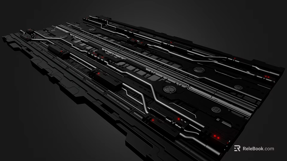 Futuristic Mechanical Panel With Intricate White Lines Red Indicators And Black Surface 3d model