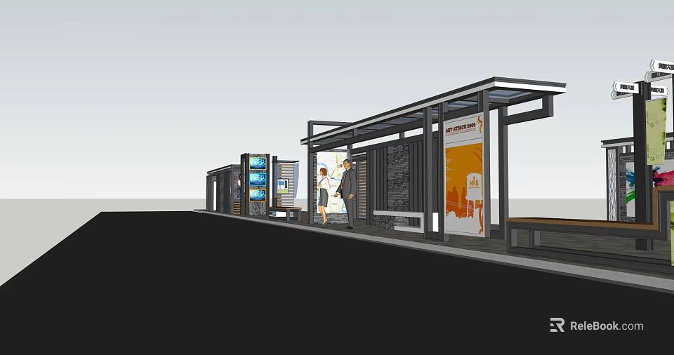 Bus Shelter Architectural Components With Roof Canopy Seats And Advertising Panels In Urban Transit Station 3d model 