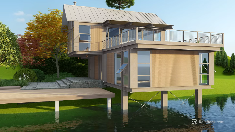 Modern Waterfront Guesthouse With Wooden Structure Glass Windows Balcony And Green Lawn 3d model 