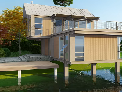 Modern Waterfront Guesthouse With Wooden Structure Glass Windows Balcony And Green Lawn 3d model
