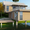 Modern Waterfront Guesthouse With Wooden Structure Glass Windows Balcony And Green Lawn