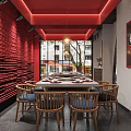 Modern Hot Pot Restaurant Interior With Red Decor Open Layout Dining Tables And Buffet Area 3d model