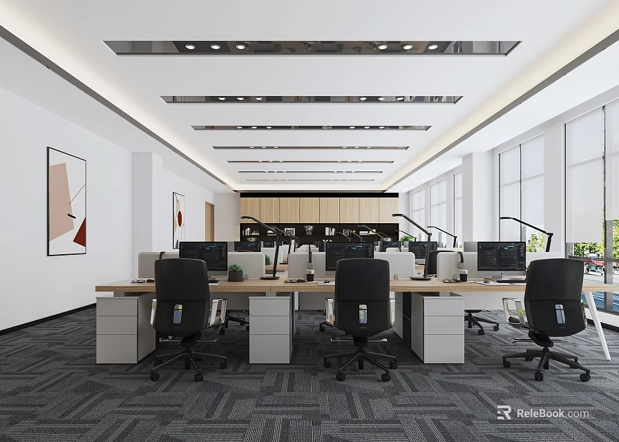 Modern Office Interior Open Workspace With Desks Computers Chairs Windows And Ceiling Lights 3d model