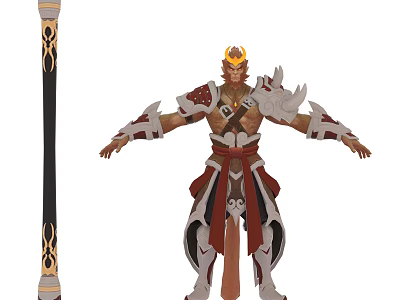 Mythical Warrior Game Character With Golden Crown Red White Armor And Long Staff Open Stance 3d model