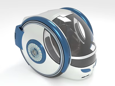 Futuristic White And Blue Tech Helmet With Circular Design And Transparent Visor 3d model