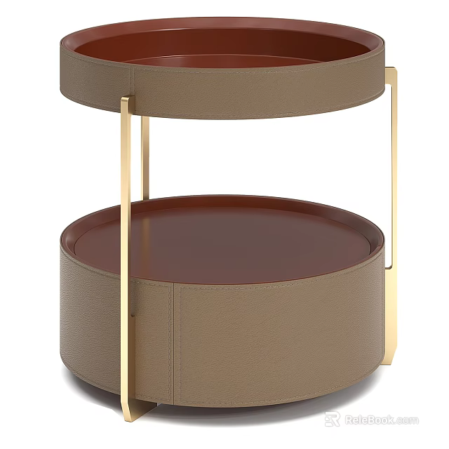 Modern Two Tiered Coffee Table With Gold Frame And Brown Leather Trays 3d model 