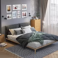 Modern Double Bed with Gray Bedding Bedside Table and Decorative Paintings 3d model