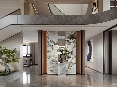 Modern Foyer Hallway With Marble Wall And Decorative Plant 3d model