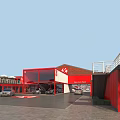 Kia Car Dealership Featuring Red Exterior Glass Facade And Parking Area