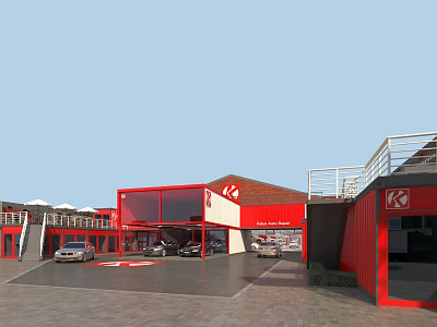 Kia Car Dealership Featuring Red Exterior Glass Facade And Parking Area 3d model