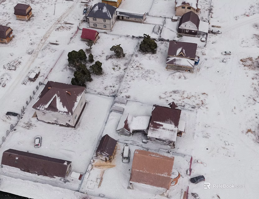 Snow Covered Houses Aerial View Winter Landscape With Brown Roofs And Trees 3d model 
