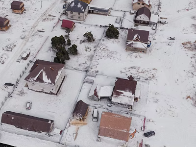 Snow Covered Houses Aerial View Winter Landscape With Brown Roofs And Trees 3d model
